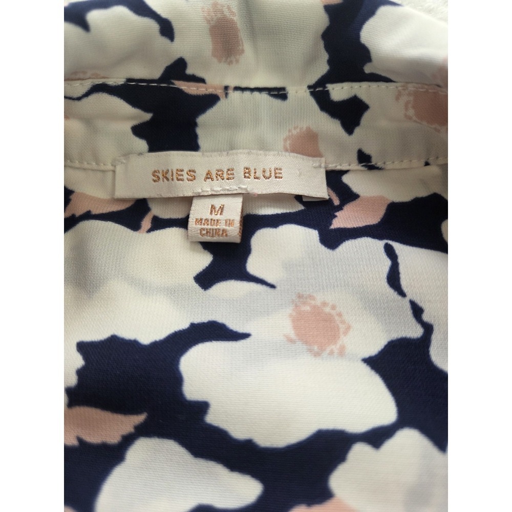 Skies Are Blue Womens Medium Floral Button Up Blouse Navy White Pink Long Sleeve - Picture 2 of 7
